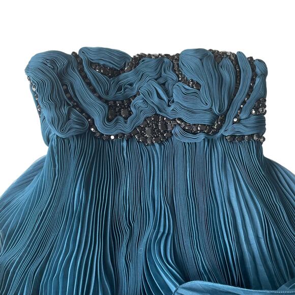 Marchesa Silk Knife Pleated Party Dress Strapless Black Crystals Teal 4 NWT - Picture 12 of 12
